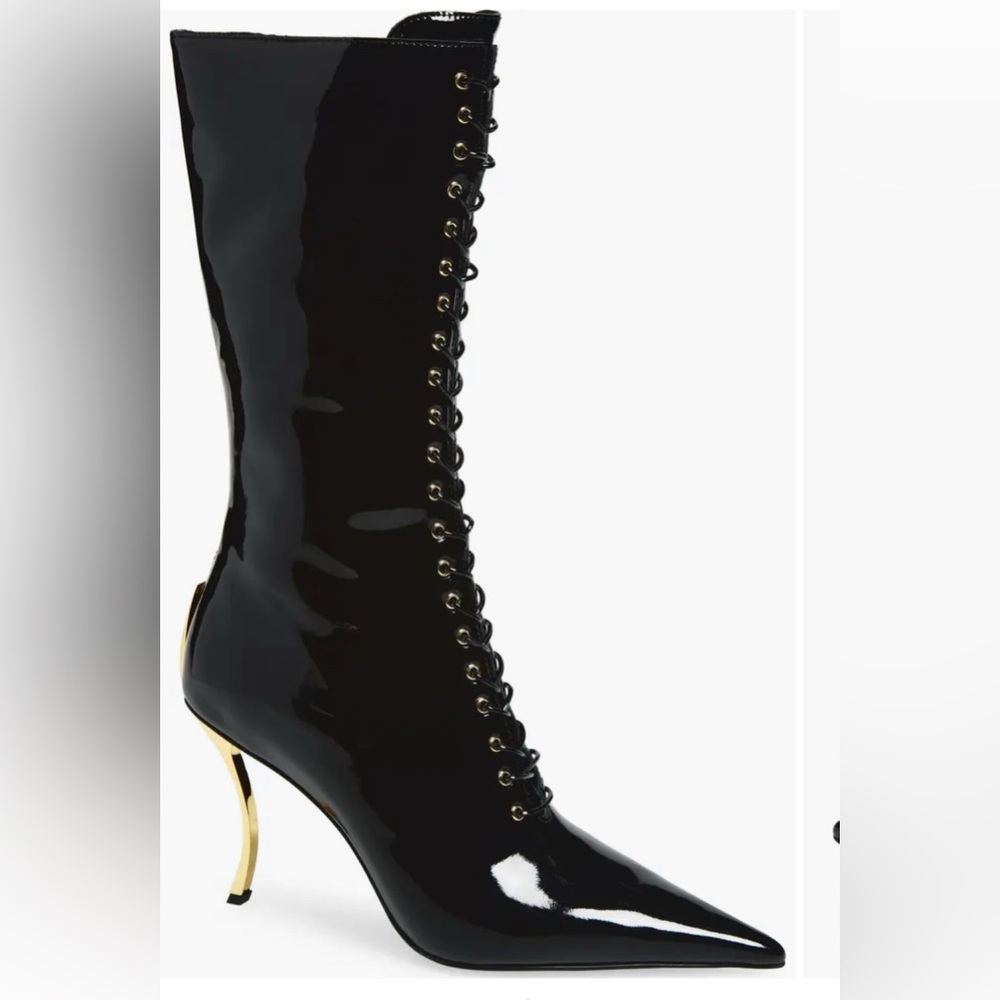 Jeffrey Campbell Black Patent GOLD L METAL HEEL  Lace Zip MID KNEE  Boots $369